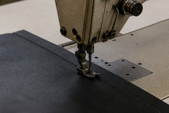 Nähen technischer Materialien Industrienähmaschine beim Vernähen technischer Planen- und PVC-Materialien
